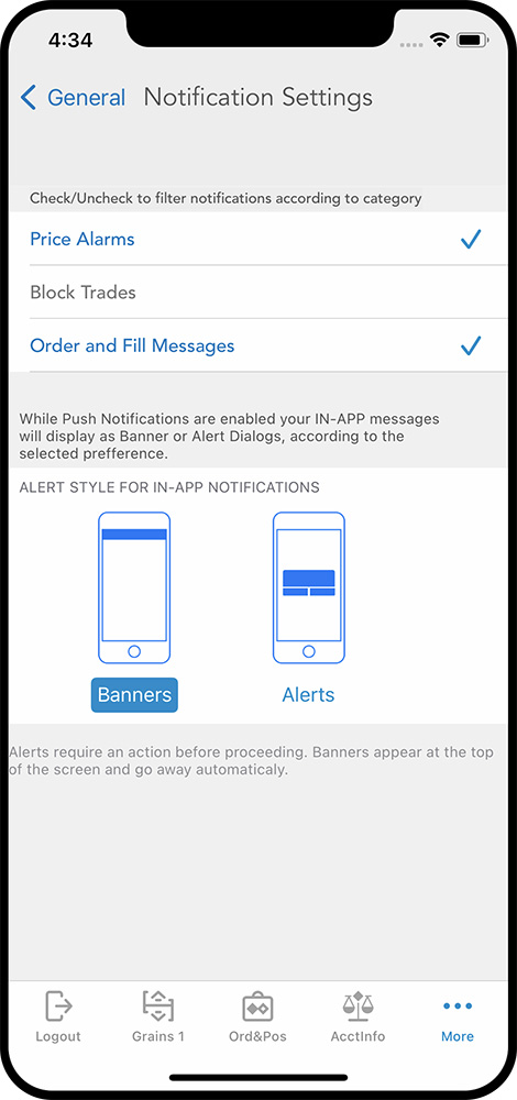 QST Mobile Trading App For iOS and Android Allowing Users To Enable Or Disable Available Alerts And Push and In-App Notifications